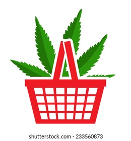 Leaf of marijuana in the consumer basket, the concept of free sale and legalization of marijuana.