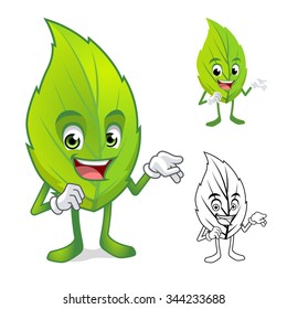 Leaf Mascot with Present Hand Cartoon Character Include with Flat Design and Outlined Version Vector Illustration