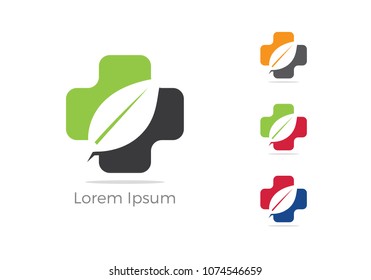 Leaf with medical cross vector logo design, earth, plants and trees protection concept, health and care symbol, pharmacy logo, 