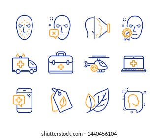 Leaf, Medical phone and Face verified icons simple set. Face declined, Bio tags and First aid signs. Ambulance car, Medical helicopter and Head symbols. Ecology, Mobile medicine. Line leaf icon