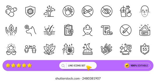 Iconos de hoja, acertijo mental y línea de jugo para App de Web. Pack de clínica veterinaria, reconocimiento facial, iconos de pictogramas de comercio justo. Las mejores gafas, píldora de la cápsula, signos de prescripción médica. Vector