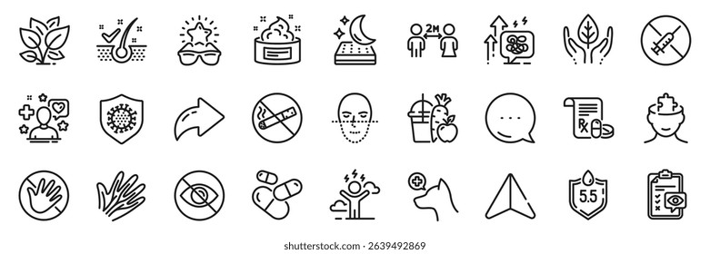 Leaf, Mental conundrum and Juice line icons pack. Share, Message, Paper plane icons. Veterinary clinic, Face recognition, Fair trade web icon. Vector