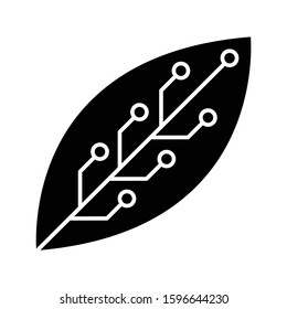 Leaf with microchip glyph icon. Smart agriculture. Green information technology. Organic chemistry. Biotechnology development. Silhouette symbol. Negative space. Vector isolated illustration