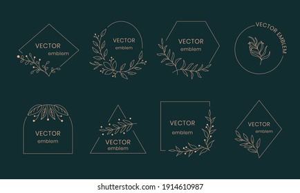 Leaf monogram. Hand drawn ornamental leaf frame, modern floral art emblem. Vector organic spa concept logo