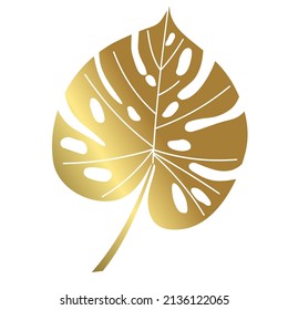 Leaf Monstera in gold color isolated on white background.  Decorative tropical leaf with color gradient. Vector illustration.