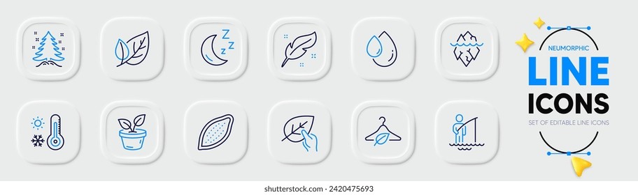 Leaf, Moon and Weather thermometer line icons for web app. Pack of Feather, Organic tested, Christmas tree pictogram icons. Cocoa nut, Slow fashion, Leaves signs. Oil drop, Fisherman, Iceberg. Vector