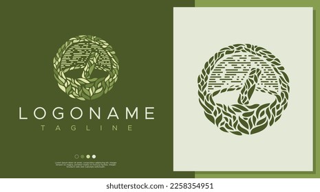 Leaf mortar logo design template. Vintage floral mortar and pestle logo branding