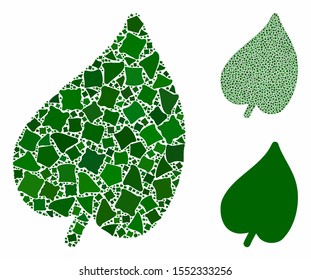 Leaf mosaic of unequal items in various sizes and shades, based on leaf icon. Vector humpy items are organized into collage. Leaf icons collage with dotted pattern.