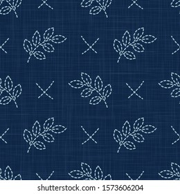 Leaf Motif Embroidery Motif Background. Japanese Sashiko Effect Needlework Seamless Linen Pattern. Hand Running Stitch Indigo Dark Blue. Texture Textile Print, Japan Decor Asian Quilt. Vector EPS 10