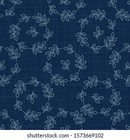 Leaf Motif Embroidery Motif Background. Japanese Sashiko Effect Needlework Seamless Linen Pattern. Hand Running Stitch Indigo Dark Blue. Texture Textile Print, Japan Decor Asian Quilt. Vector EPS 10