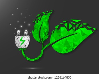 Leaf natural Charger ECO Icon made from lines, triangles, and points with a green leaf that produces electricity. Low poly wireframe, polygonal vector illustration