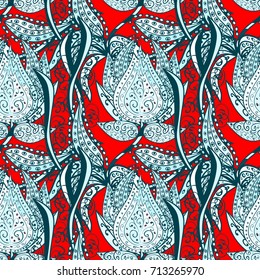 Leaf natural pattern in blue, neutral and red colors. Vector flower concept. Summer design. Seamless floral pattern can be used for wallpaper, website background, wrapping paper.