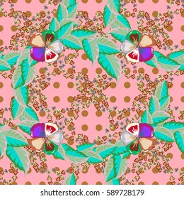 Leaf natural pattern in green, brown and pink colors. Seamless floral pattern can be used for wallpaper, website background, wrapping paper. Vector flower concept. Summer design.