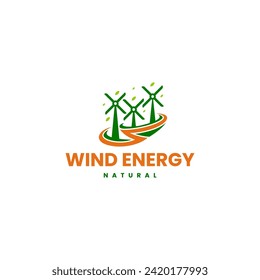 Leaf natural wind turbines logo design vector. Wind turbine and solar panel symbol. Orange  Green clean energy icons. 
