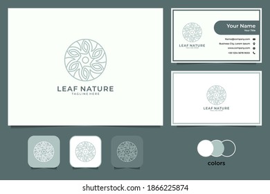 diseño del logotipo de la línea circular de la naturaleza de la hoja y tarjeta de visita