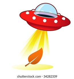 Leaf or nature icon on retro flying saucer UFO with light beam.  Suitable for use on the web, in print, and on promotional materials.