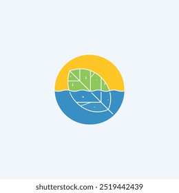 Logo für Blätter. Ein Blatt, das auf dem Wasserfluss schwimmt, mit einem Symbol für das Logo der Sonne