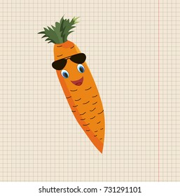 a leaf of a notebook, a drawing of carrots, a character