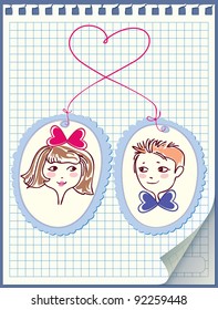 Leaf notebook with pasted pictures of boys and girls. Drawn yarn in the form of the heart.
