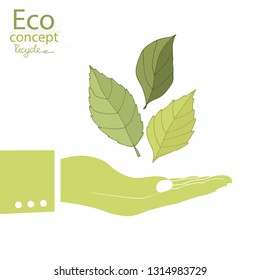 Leaf on hand. Green tree on white background. Bright fresh green leaves. Ecology theme Happy Earth Day. Environmentally friendly world. Concept of info graphics. Logo. Vector illustration.