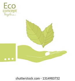 Leaf on hand. Green tree on white background. Bright fresh green leaves. Ecology theme Happy Earth Day. Environmentally friendly world. Concept of info graphics. Logo. Vector illustration.