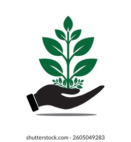 Leaf on the hand icon on the white background stock illustration