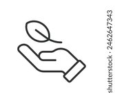 Leaf on a hand, in line design. Leaf, hand, nature, ecology on white background vector. Leaf on a hand editable stroke icon.