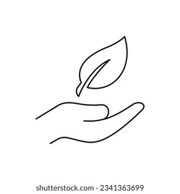 Hoja a mano. Cuidado de la naturaleza, natural, el estilo de línea de íconos orgánicos aislado. Ilustración del vector