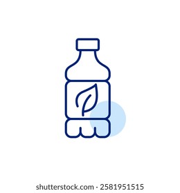 Leaf on plastic bottle. Organic farm to table produce, recyclable and biodegradable materials. Vegan and cruelty-free. Pixel perfect, editable stroke icon