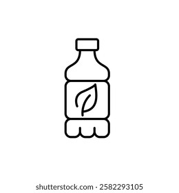 Leaf on plastic bottle. Organic farm to table produce, recyclable and biodegradable materials. Vegan and cruelty-free. Pixel perfect vector icon