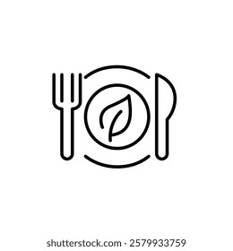 Leaf on a plate, fork and knife. Vegan restaurant, natural and eco-friendly food. Pixel perfect vector icon
