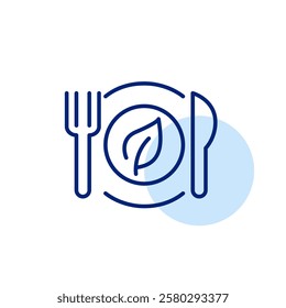 Leaf on a plate, fork and knife. Vegan restaurant, natural and eco-friendly food. Pixel perfect, editable stroke icon