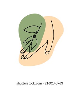 Una hoja en la mano de una mujer, línea de arte de color suave ilustración vectorial icono aislado en fondo blanco. Lengua corporal. Chica mano. Plano moderno, imagen de color de contorno para: decorar, diseño web. EPS 10