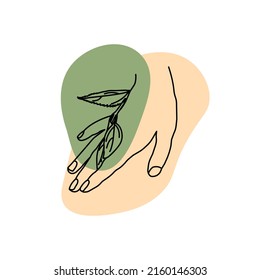 A leaf on a woman's hand, line art soft color vector icon illustration isolated on white background. Body language. Beautiful girl hand. Trendy flat, colored picture for: decorate, web design. EPS 10