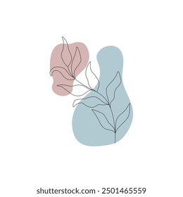 Dibujo de una línea con hojas de línea abstracta y fondo de artes. Botánico minimalista Dibujado a mano arte de línea, Ilustración vectorial.