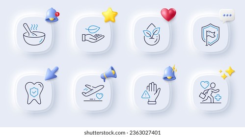 Leaf, Organic product and Patient line icons. Buttons with 3d bell, chat speech, cursor. Pack of Shield, Cook, Medical flight icon. Dental insurance, Dont touch pictogram. Vector