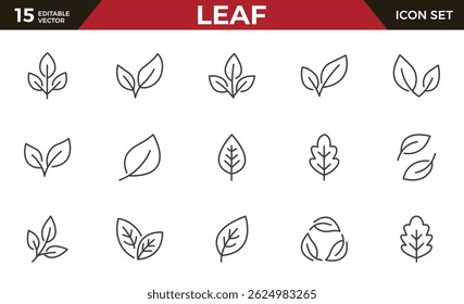 Conjunto de ícones de contorno da folha. Coleção de símbolo vetorial em estilo plano na moda sobre fundo branco. A folha canta para o design.