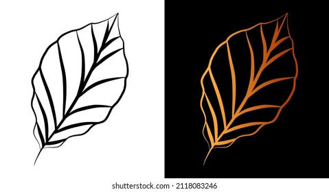 Leaf Outline Icon, Simple Doodle Sketch Line Art Style, Black And Gold Floral Botany Set. Beauty Elegant Logo Design Element. Graphic Isolated Symbol Drawing. Flat Leaves Shape. Wedding Print Card.