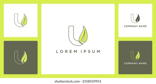 Leaf and outline letter U logo and icon