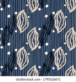 Leaf outline silhouettes seamless doodle pattern. Stylized floral ornament on navy stripped background with dots. Perfect for wallpaper, textile, wrapping paper, fabric print. Vector illustration.