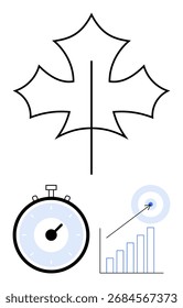 Leaf outline timer bar graph target symbolizing growth time management, productivity, goal achievement. Ideal for concepts of nature, business, efficiency, targeting, strategy, progress