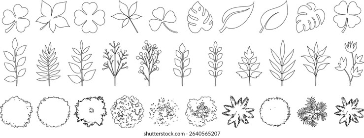 Leaf outline, tree top, and foliage icon set ideal for botanical design, landscaping plans, or nature illustration. hand drawn leaf shapes, top view shrubs, and floral vector graphics.