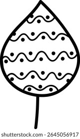 A leaf outlined in black with wavy lines and dots in a cartoon style. The leaf features zigzag patterns and circular shapes in a playful manner. Cartoon vector illustration.