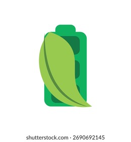 Leaf overlay battery icon. Vertical battery with leaf overlay, natural energy logo