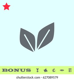 Leaf Pair icon flat. Grey pictogram on blue background. Vector illustration symbol and bonus buttons medal, cow, earth, eye, calculator