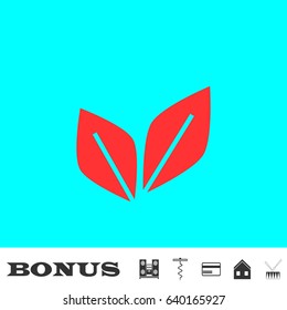 Leaf Pair icon flat. Red pictogram on blue background. Vector illustration symbol and bonus buttons Music center, corkscrew, credit card, house, drum