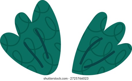 Par de hojas con Formas redondeadas y patrón de remolino de vena en un aspecto de dibujos animados dibujado a mano. Símbolo de la naturaleza, el crecimiento, la frescura ecológica y el follaje orgánico. Ilustración vectorial de dibujos animados.