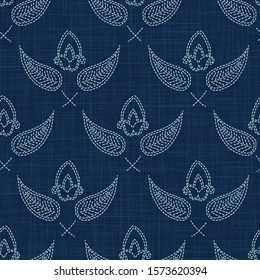 Leaf Paisley Motif Embroidery Motif Background. Japanese Sashiko Needlework Seamless Linen Pattern. Hand Running Stitch Indigo Dark Blue. Texture Textile Print, Japan Decor Asian Quilt. Vector EPS 10