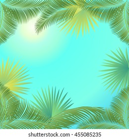 Leaf palm tree on blue sky background. Tropical tree leaves frame. Palm tree branch, hand palm, Palm leaf pattern, Palm beach leaf, palm oil,date, Exotic palm vector. Kids sports. Sukkot. Summer. RIO.