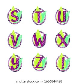 Leaf pattern alphabet set. Stuvwxyz letters set. Isolated purple lettering type characters using geometric patterns and leaves. Vector illustration font for cards banners tags journals and logos.
